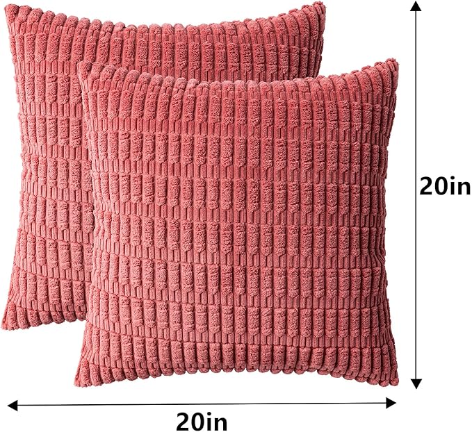 Pack of 2 Corduroy Decorative Throw Pillow Covers 20x20 Inch, Cranberry Red | Fall Soft Striped Pillow Covers Modern Farmhouse Home Decor Christmas Throw Pillow Covers for Sofa Living Room Couch Bed