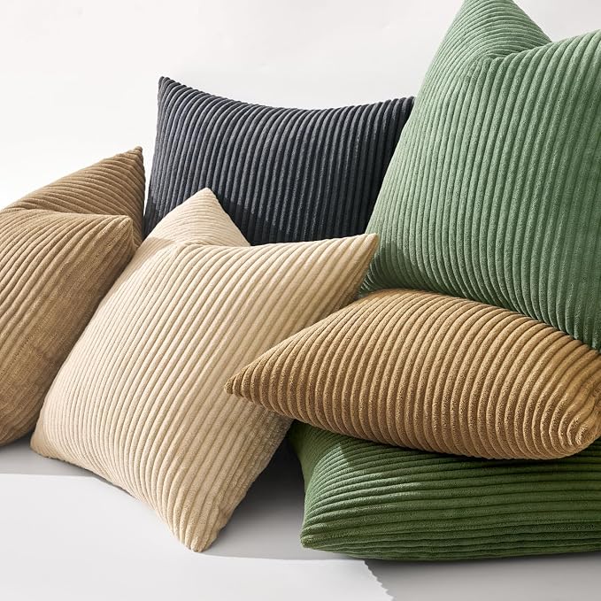 MIULEE Decorative Corduroy Throw Pillow Covers Set of 2 18x18 Moss Green | Soft Striped Textured Cushion Cases, Boho Natural Greenery Pillowcases for Home Decor, for Couch Chair Sofa Bed Living Room