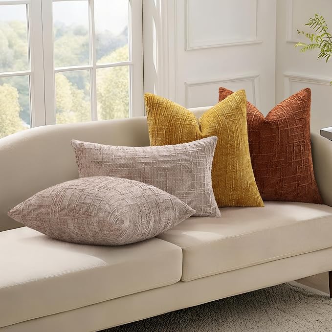 decorUhome Textured Chenille Throw Pillow Covers 26x26 Set of 2 Light Brown | Fall Modern Farmhouse Soft Cozy Slubby Couch Pillow Cases Boho Decorative Pillow Cases for Bed Sofa Living Room Home Decor