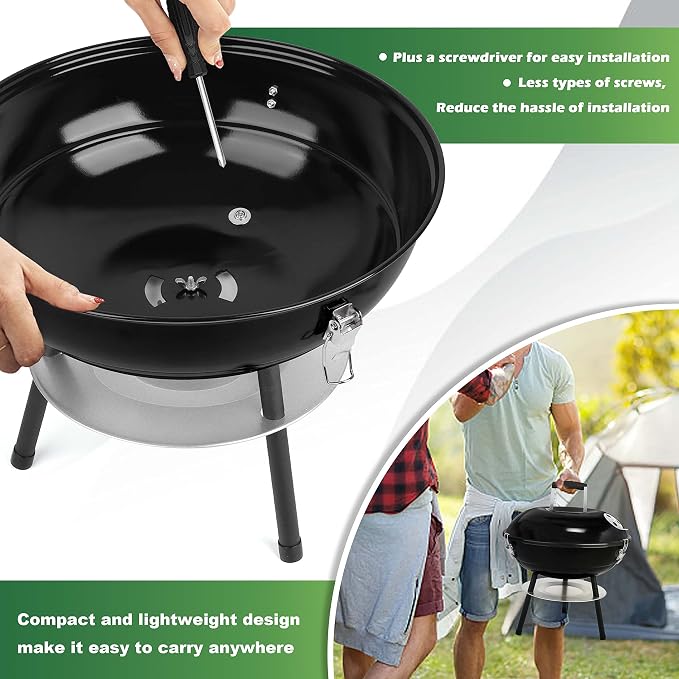 14 inch Charcoal Grill, Joyfair Small Portable Camping BBQ Kettle Grill | Outdoor Mini Barbecue Grill With Locking Lid for Patio/Tabletop/Tailgates Cooking Grilling, Enamel Coated & Dual Vent System