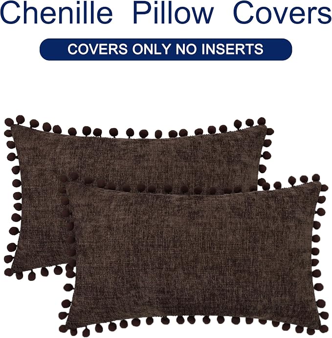 CaliTime Decorative Couch Throw Pillow Covers 20 X 12 Inches Coffee | Pack of 2, Cozy Chenille Cushion Cases, with Pom Poms for Sofa Bed Living Room Farmhouse Home