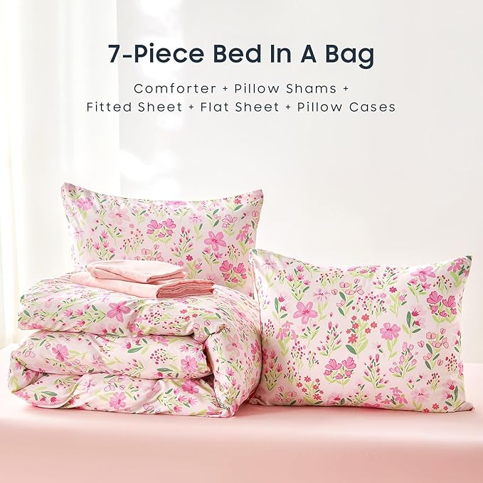 Wake In Cloud - Floral Bedding Set for Girls, Cute Colorful Botanical Flowers Patterned Soft Lightweight Comforter Set with Sheets, 7 Pieces Kids Bed in a Bag, Light Pink, Full Size