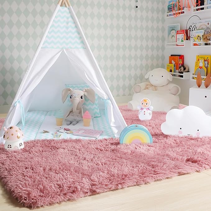 Amdrebio Blush Pink Kids Area Rugs for Girls Bedroom, 5x8 Shaggy Fuzzy Fluffy Kawaii Rugs for Living Room Playroom, Furry Plush Shag Floor Carpet for Nursery Dorm Classroom, Cute Dusty Rose Mauve Rug
