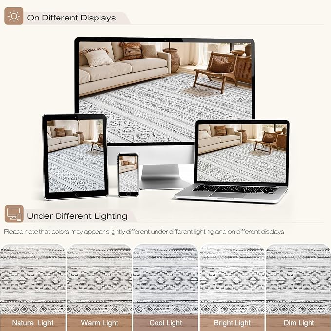 cotiled 5x8 Area Rugs Living Room Rug: Washable Boho Rugs with Non Slip Backing Large Soft Indoor Stain Resistant Carpet for Bedroom Farmhouse Dining Room Lightweight Home Decor Cream Grey