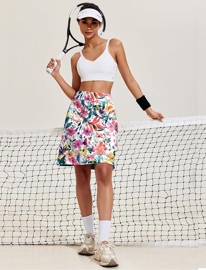 COOrun Women's 20" Knee Length Skirts High Waisted Golf Skorts with Pockets | Soft, Quick Dry, Split Hem, Built-in Shorts, A-line, Modest Skirts, for Golf Athletic Tennis Work Casual