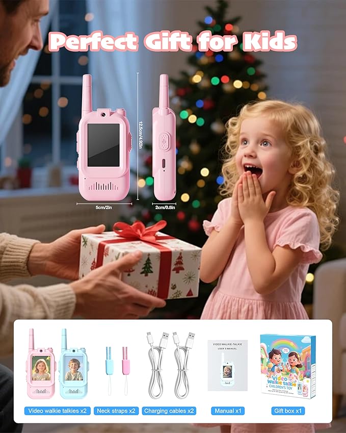 Video Walkie Talkies for Kids 2 Pack with Voice Changer, Rechargeable Two Way Radios, Fun Toys for Indoor Play, Camping, Hiking, Travel, Gift for Boys and Girls Ages 3-12