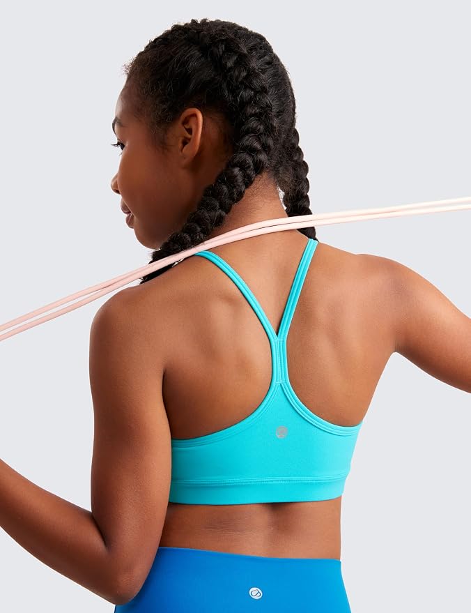 CRZ YOGA Girls Butterluxe Y Back Sports Bra - Yoga Athletic Casual Tops Scoop Neck Spaghetti Strap Padded Crop Kids Teen