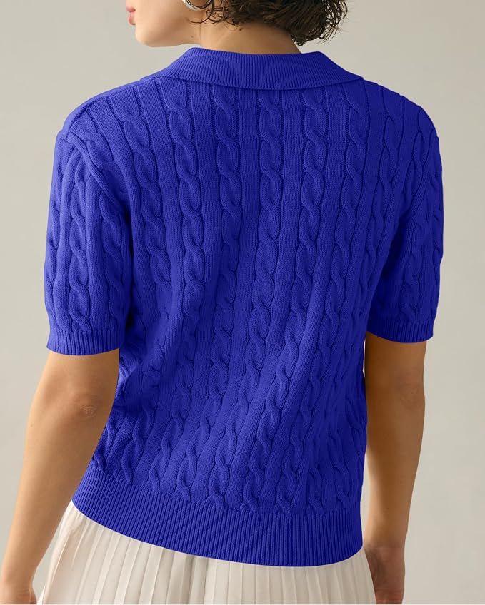 Imily Bela Womens Cable Short Sleeve Sweaters Tops Lapel V Neck Knit Shirt | Solid,Knit Casual,Soft Pullover,Fall Sweaters,Womens Summer Work Tops