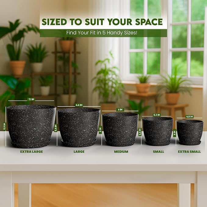 Plant Pots Indoor with Drainage 5 Pack Multi-Size Planters Set Spotty Black | Drainage holes included Multiple sizes 7/6.6/6/5.3/4.8 In Indoor plants and flowers Durable plastic construction