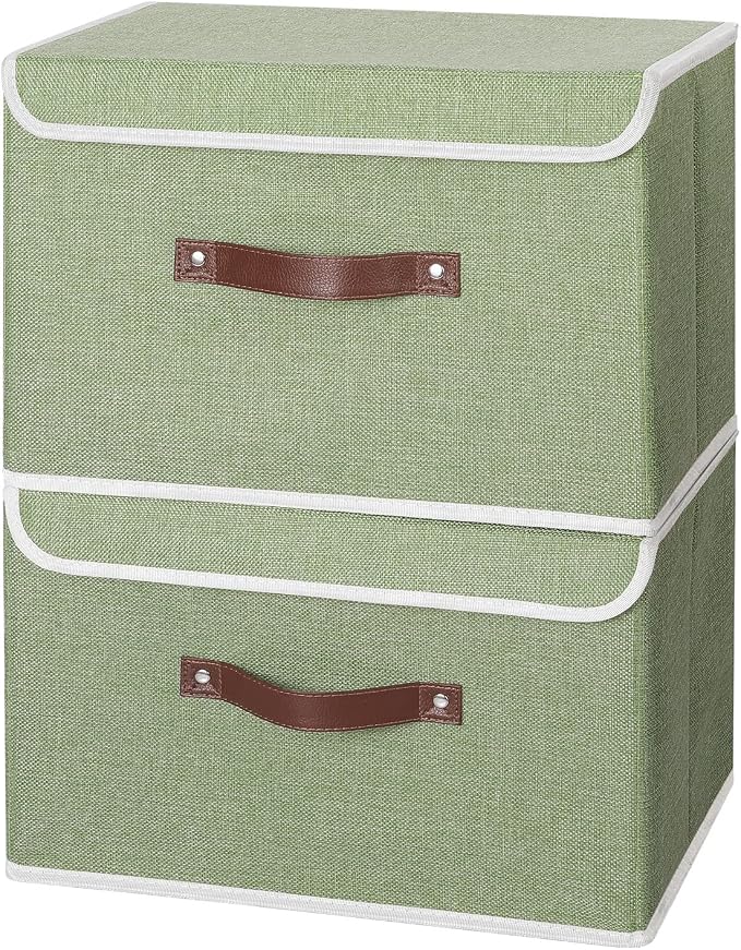 ANMINY Fabric Storage Box Bins with Lids, Green, 15"x10"x10", 4 Pack | Keepsake Memory Storage, Cotton Linen, PP Board Reinforced, Washable, PU Handles, Foldable & Stackable, Decorative, Large