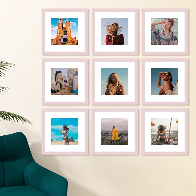 Vittanly 12x12 Picture Frames Set of 9 for Wall Mounting, Pink | Display Pictures 8x8 with Mat or 12x12 without Mat for Wall Mounting, Square Photo Frames for Home Decor, Engineered Wood