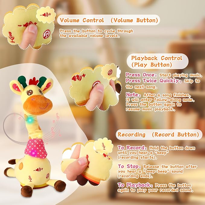 LUKETURE Dancing Talking Giraffe Toy Stuffed Plush, Cute Interactive Talking Giraffe Gift for Girls Boys Kids, Musical Baby Toys Singing 10 Children's Song Repeats What You Say (Dancing Giraffe)