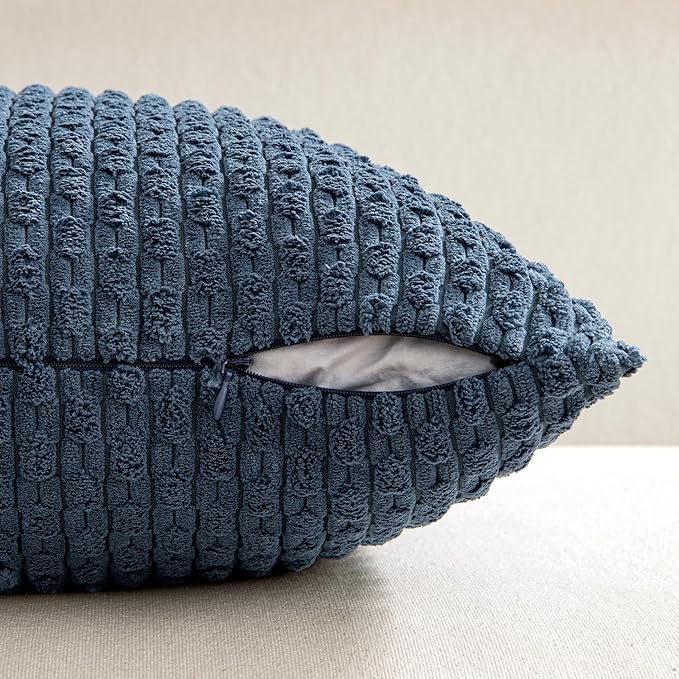 MIULEE Decorative Throw Pillow Covers 18x18 Blue Textured Corduroy | Pack of 2 Striped Pillow Covers Modern Farmhouse Coastal Home Decor for Couch Bed Sofa Living Room