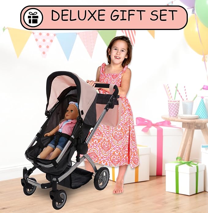 Dolls To Play Baby Doll Convertible Pram Stroller for Kids, Adjustable Handle Foldable Buggy Carriage with Canopy and Storage Basket Heavy Duty Premium Quality Rotating Wheels - 25 Inch