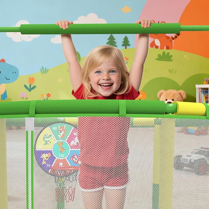 LANGXUN 60" Trampoline for Kids, 5ft Toddler Mini 6-in-1 Trampoline Indoor Outdoor with Swing, Basketball Hoop, Dart Board, Gymnastics Bar, Rings, Christmas Toys Birthday Gifts for Girls Boys