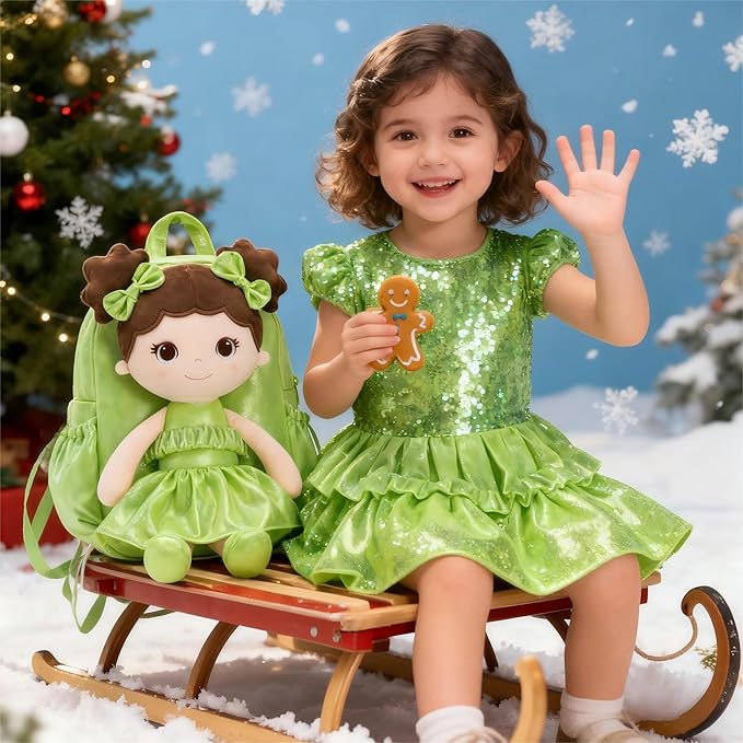 Lazada Toddler Backpack - Baby Girl Gifts Curly Fingerprints Plush Doll Dress Backpack - Fashion Girls Curly Rolled Fingerprints Series - Fluorescent Green 11 Inches