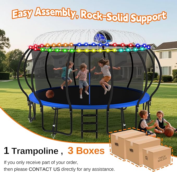 DeepRoar 2026 Upgraded 8/10/12/14/15/16FT Pumpkin Tranpoline for Kids, Heavy Duty 1500LBS Outdoor Tranpoline Set with Basketball Hoop, Light, Sprinkler & Socks, Recreational Trampolings, ASTM Approved
