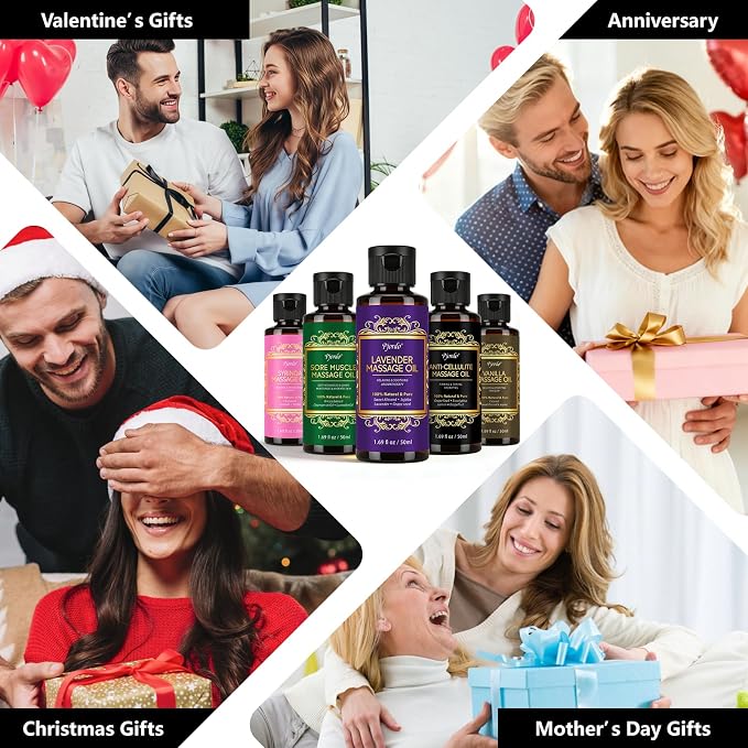 Pjordo 5 Pack Massage Oil for Massage Therapy, Lavender, Vanilla, Sore Muscle, Syringa & Anti Cellulite Massage Oil Kit for Relaxing Muscle & Soothing The Body, Home Spa Gift for Her Him