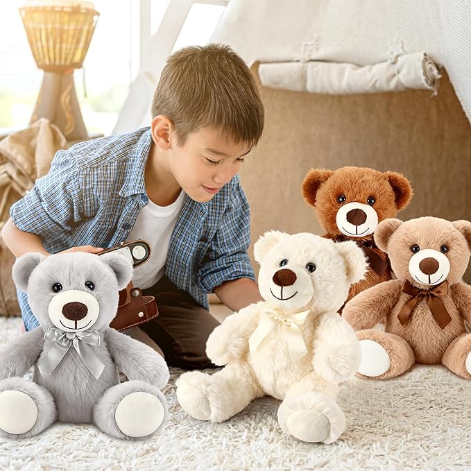 Civaner 4 Pack 14 Inches Teddy Bears Plush Stuffed Animals Valentine Cute Soft Bears Gifts Bulk for Women BFF Girlfriend(Light Brown, Dark Brown, White, Gray)