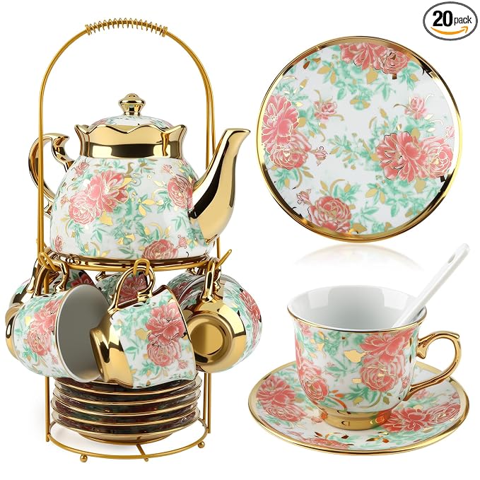 20 Piece Porcelain Tea Set with Metal Holder European Floral Pattern Tea Pot Tea Cup Tea Saucer Teaspoon for Women Adult Tea Party Large Version