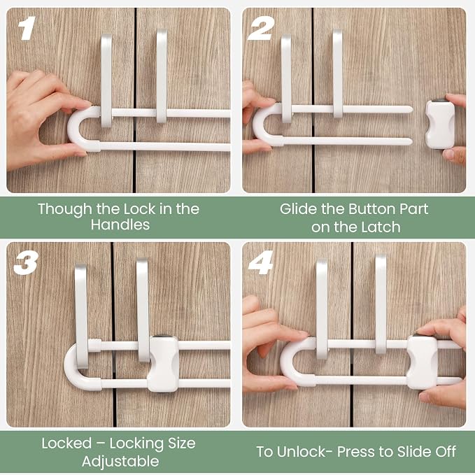 Jetec 10 Pack Baby Cabinet Locks, No Adhesive No Drill Child Safety Locks for Cabinets with Knobs or Handles, Adjustable U-Shaped Child Proof Latches for Cupboards, Fridge, Closet, Pets(White, Black)