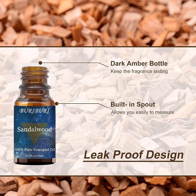 BURIBURI Sandalwood Essential Oils for Diffuser, Skin, Hair, 100% Pure, Fragrance Oil for Candle Soap Perfume Making, Natural, Organic Aromatherapy Sandalwood Oils 10ML