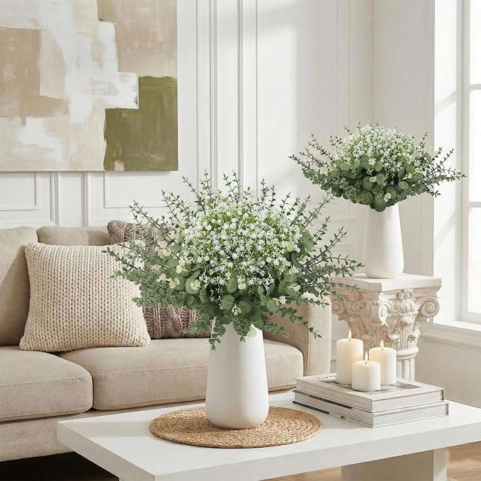 lovemoon 200 Pcs Mixed Greenery Artificial Eucalyptus Stems, Baby Breath Artificial Flowers Bulk and Eucalyptus Leaves for Wedding Bouquets Home Office Floral Decor (200, Green and White)