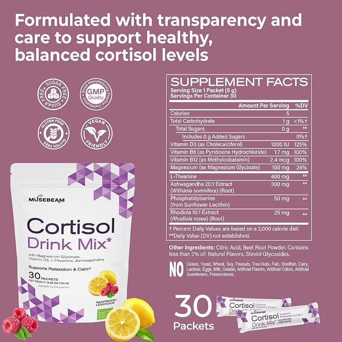 Musebeam Cortisol Calm Drink Powder Mix - Calming Stress Support Packets for Women Men with Ashwagandha Magnesium Glycinate - Relaxing Raspberry Lemonade Flavor for Healthy Cortisol Levels Relax Focus