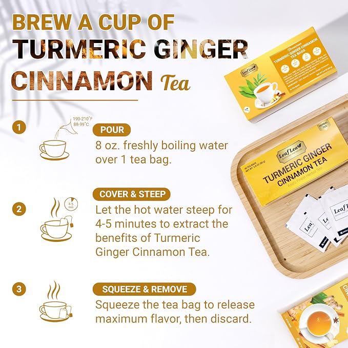 LeafLea Ginger Turmeric Tea Bags, Digestion & Immune Support, 160 Count | 100% Natural & Pure Herbal Tea Blend of Turmeric Ginger Tea with Cinnamon, Turmeric Tea, Caffeine-Free, No Sugar, Non-GMO