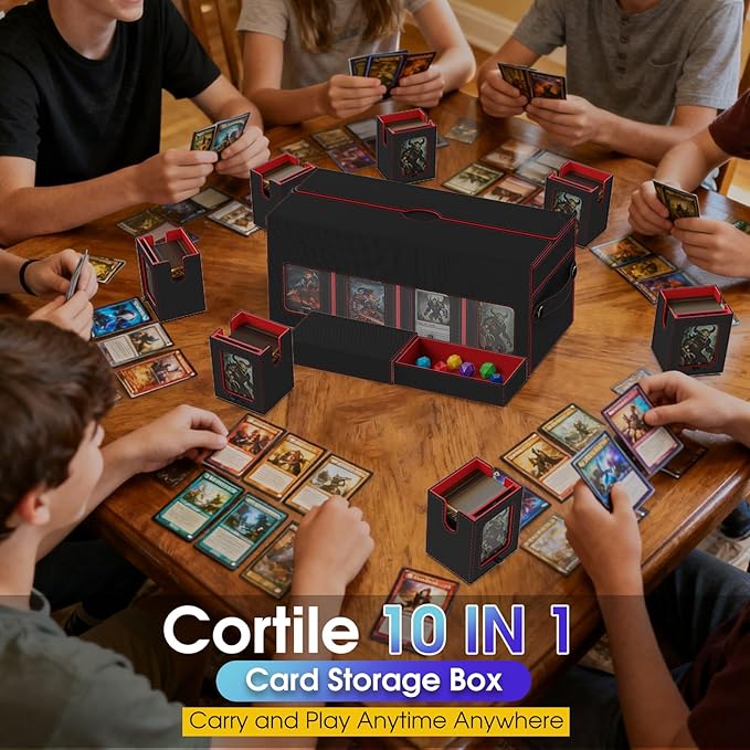 Cortile Commander Deck Box for MTG, 10 IN 1 Card Deck Box with 8-Deck Modular Card Case and 2 Dice Trays Holds 1040+ Double-sleeved Cards, Removable MTG Deck Box with Handle for TCG/EDH, Black Red