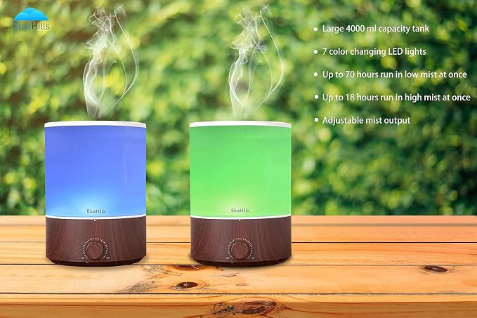 BlueHills Premium 4000 ml XL Essential Oil Diffuser 4L 4 Liter 70 Hour Run Humidifier Aromatherapy 1 Gallon Big Capacity High Mist Output for Extra Large Room Home Mood Lights Dark Wood Grain E402