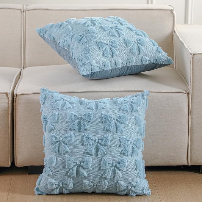 Mixweer Blue Bow Pillow Covers Set of 2 Preppy Room Decor Coquette Cute Spring Summer Decorative Faux Fur Soft Bowknot Stuff Fluffy Plush Aesthetic Pillowcase for Bed Sofa Couch (20 x 20 Inch)