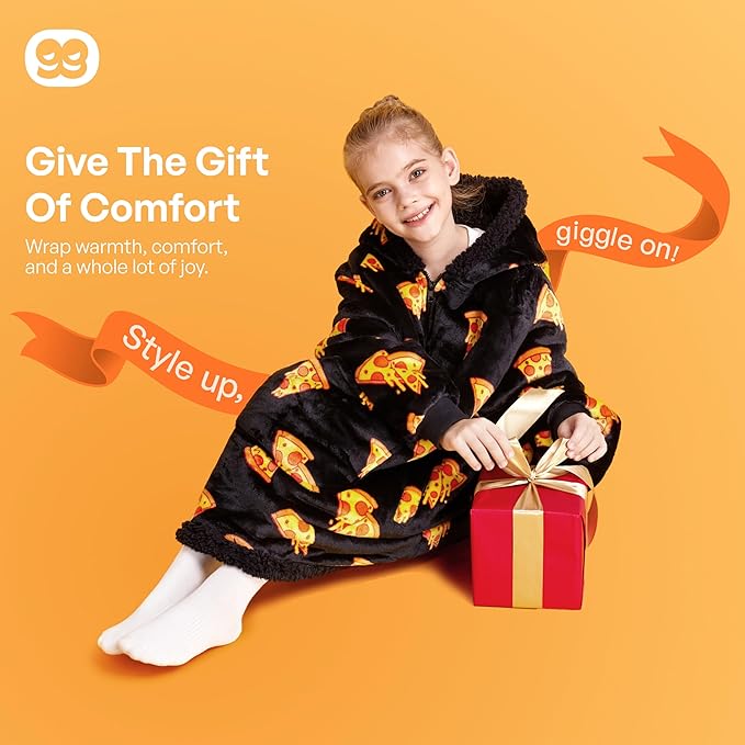 Giggling Getup Wearable Blanket Hoodie for Girls and Boys Warm Cozy Sherpa Fleece Hooded Blanket Sweatshirt Oversized Hoodie with Giant Pocket & Sleeves for Kids Pizza