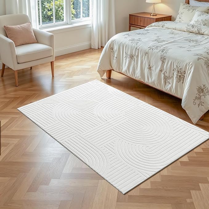 Pauwer 4x6 Area Rugs for Living Room, Modern Non Slip Washable Rug, White | Arch Pattern, Soft Fluffy, Neutral, Boho Accent, Solid Color Floor Carpet, For Kids Room Dining Room Nursery Entryway