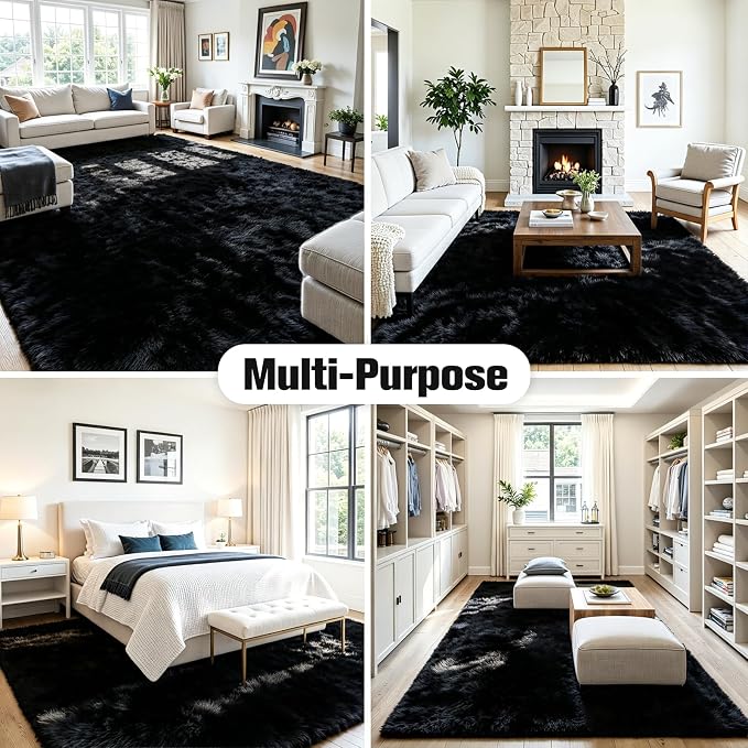 8x10 Area Rug for Living Room, Ultra Soft Fluffy Black Rugs for Bedroom, Non Slip Large Shag Carpet, Fuzzy Plush Nursery Rug, Thick Washable Indoor Floor Carpets for Kids Office Dorm Home Decor