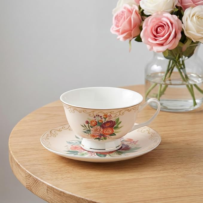BTaT- Floral Tea Cups and Saucers, 8 oz, Fine Porcelain Teacup Set with Gold Trim for Afternoon Tea, Weddings, Parties & Gifting, Dishwasher Safe, Lightweight, Non-Toxic, Set of 6