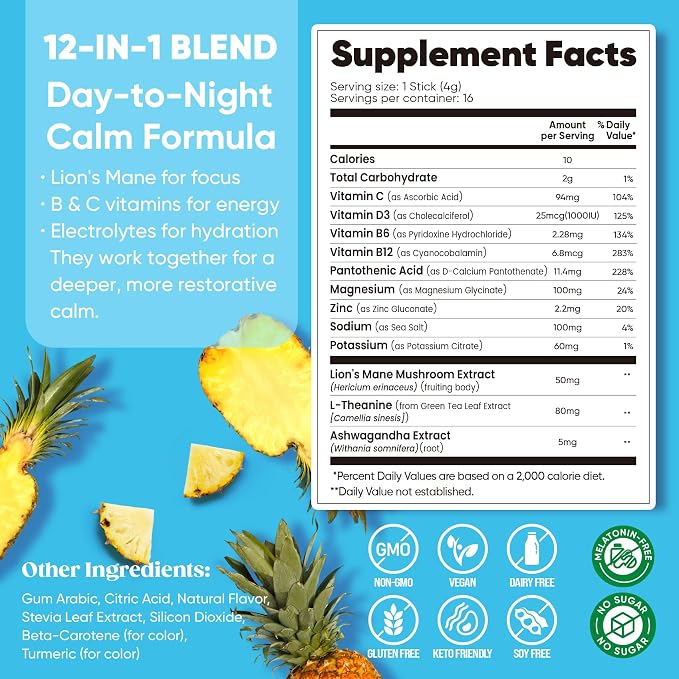 Venture Pal Calm Drink Mix, 12-in-1 Cortisol Reducer and Sleep Aid with Magnesium Glycinate, Ashwagandha, L-Theanine,Vitamin D, Calm Magnesium Powder for Relax & Focus, No Sugar, Non GMO