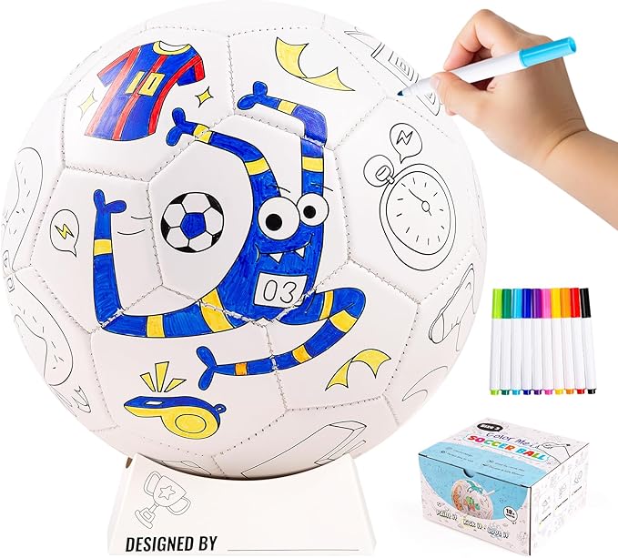 EVERICH TOY Paint Your Own Soccer Ball with Markers, Toddler Arts and Crafts Soccer Gifts, Kids Soccer Ball Size 3 Monster Toys for Boys Girls, Sports Drawing DIY Design Color Play Ball Game with Pump