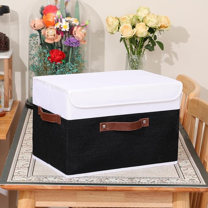 ANMINY Fabric Storage Box Bins with Lids, Black White, 15"x10"x10" | Keepsake Memory Storage, Cotton Linen, PP Board Reinforced, Washable, PU Handles, Foldable & Stackable, Decorative, Large