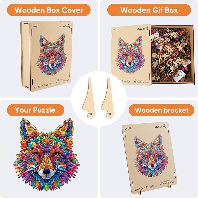 Qiuenisray Wooden Puzzles for Adults, Wolf Jigsaw Puzzles 200 Pieces, FSC Certified Unique Shape Animal Adult Puzzles, Christmas Puzzle Gift for Family Game 10.2x11.2 in