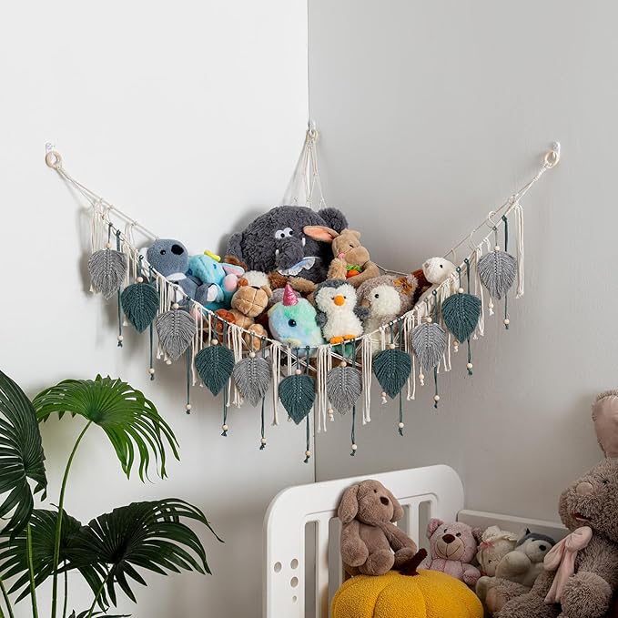 Pretty Jolly Macrame Stuffed Animal Hammock with Beads Hand Woven Leaf Tassels Corner Hanging Net Boho Plush Holder for Kid Room Nursery Decor Organizer for Girls Gift(Lightgray & Blue)