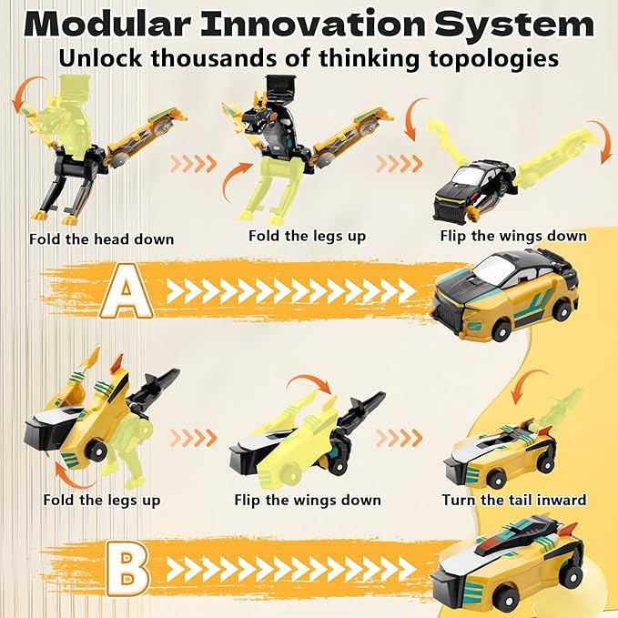 Collision Transforming Dinosaur Car Toy, 2 Magnetic Cars Transform into Dinosaur Toys for Kids Toddler Fun Deformation Robot Dino Car Christmas Birthday Gift Toys for Boys Girl(Golden Dragon)