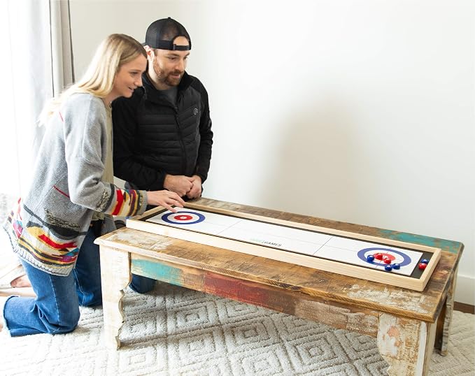 Yard Games Curling and Shuffleboard 2 in 1 Table Top Game with 8 Rolling Discs
