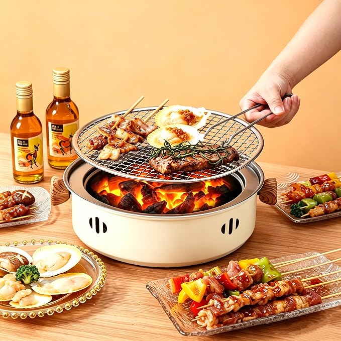 Portable BBQ Charcoal Grill, Mini Tabletop Charcoal Grill Outdoor Multifunctional Round Korean Barbecue Grill for Camping Picnic Beach Party Cooking (Beige)