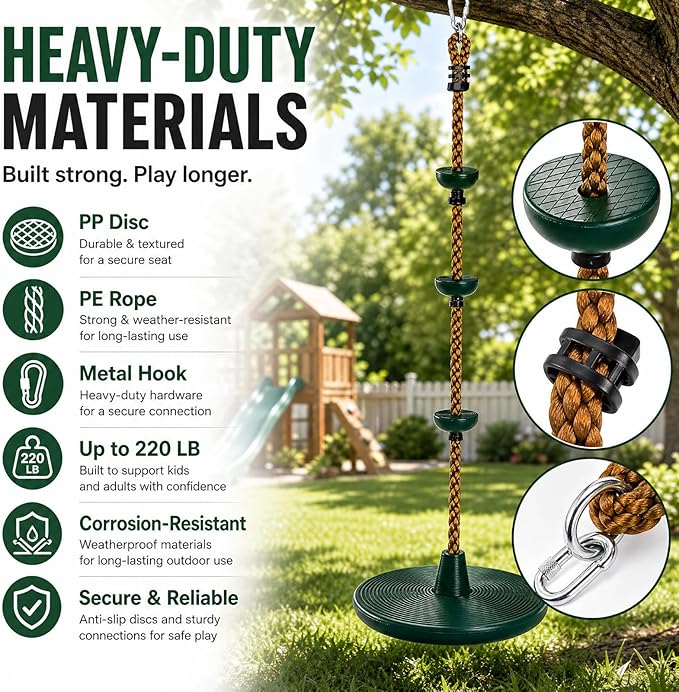 ZENFUN Climbing Rope with Platform and Disc, Tree Swing Seat Set Outdoor Playground Accessories Including Bonus Hanging Strap & Carabiner, Secure Trees House Swings, Gym Backyard, Max Load: 220lb