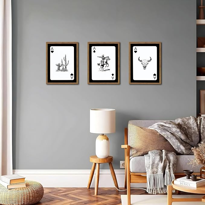 Western Cowboy Wall Art Set of 3 Cowboy Print Playing Card Inspired Southwestern Canvas Poster Trendy Western Wall Decor Longhorn Bull Skull Room Decor for Bedroom Living Room Framed 16x24 inch
