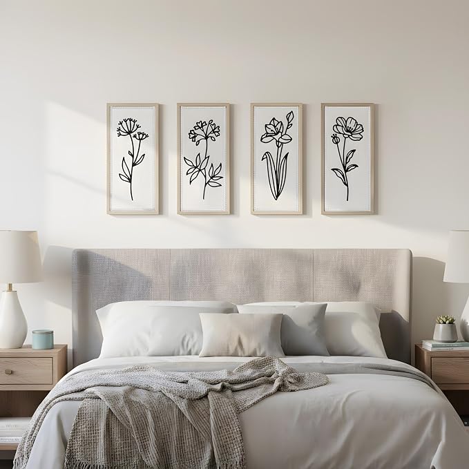 White Floral Bathroom Wall Decor Set of 4, Wood-Framed 3D Gallery Wall Art | Raised floral cutouts in rectangular frames, ready to hang; neutral boho farmhouse gallery decor for bedrooms and hallways