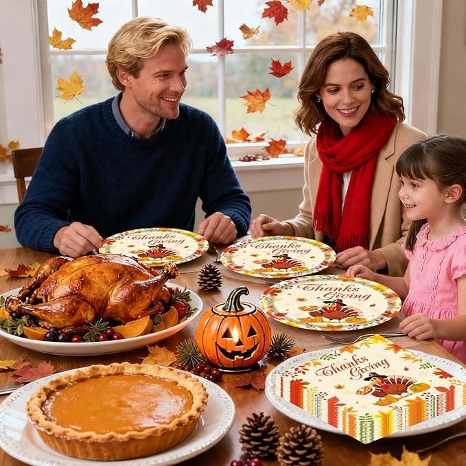 40Pcs Thanksgiving Paper Plates and Napkins Party Supplies, Disposable Fall Turkey Plates Napkins Dinnerware Set for Autumn Theme Friendsgiving Party Decorations