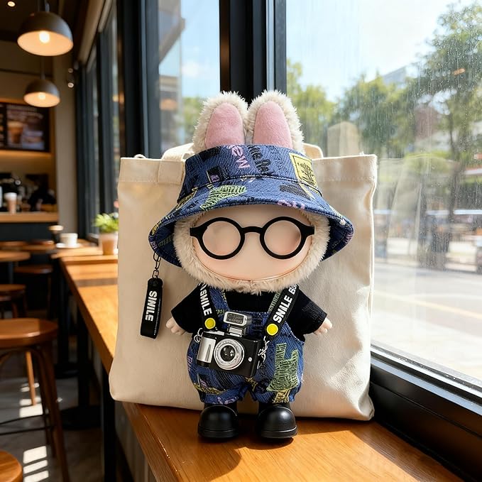 17cm Doll Clothes – 6-Piece Set, Hat + Overalls + Shirt + Camera + Glasses + Shoes, Cute and Premium Dolls Outfit Accessories (Graffiti Blue)