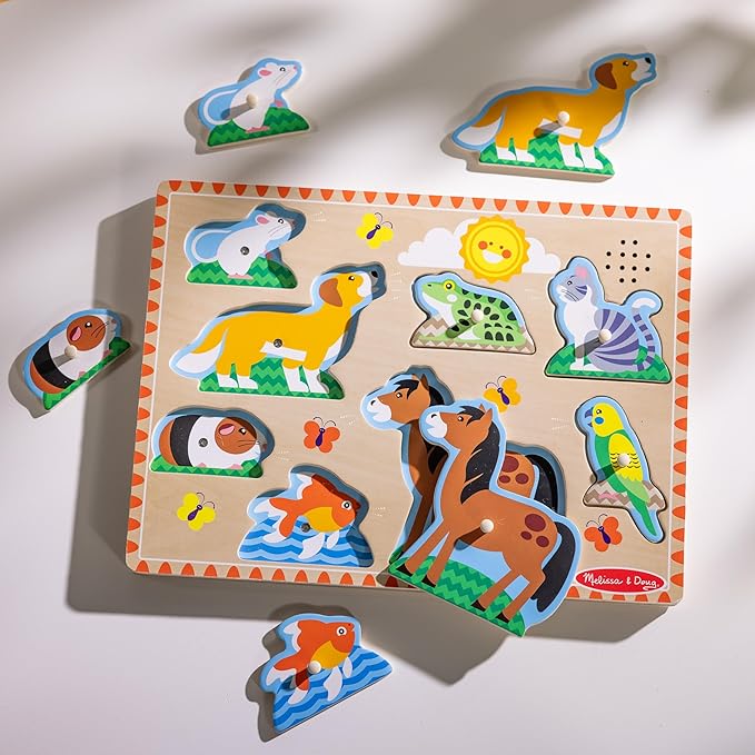 Melissa & Doug Zoo Pet Animals Sound Puzzle – 8-Piece Wooden Peg Puzzle with Light-Activated Sounds, Music Learning Toy for Toddlers and Preschoolers Ages 2+